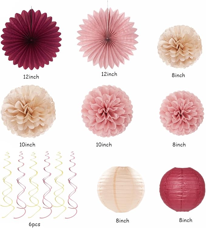 Rose-Gold Burgundy Champagne Women Birthday Party Decorations Hugmoon | 31pcs 67 50th Cherry Pastel Girls Banner,Paper Lanterns,Streamers, Pom Poms Fans,Tassel Garland Birthday Kit Decor Backdrop