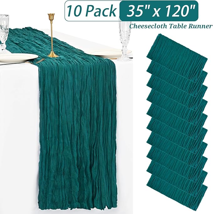 Showgeous 10 Pack Teal Cheesecloth Table Runner Gauze Table Runner 10FT Long Semi-Sheer Table Runner Boho or Rustic Wedding Table Decor for Wedding Decor Arch Draping Bridal Shower Holiday Party