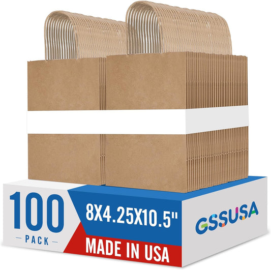 GSSUSA 100 Pack 8x4.25x10'' Paper Gift Bags with Handles Bulk, Brown Kraft Bags for Small Business, Sturdy Retail Shopping, Birthday Wedding Party Favor Craft Bag(Made in USA)