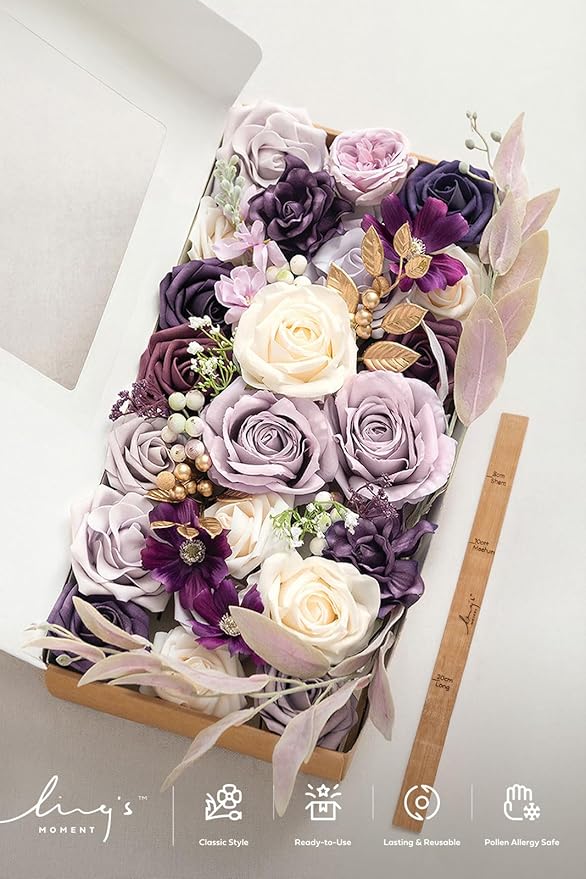 Ling's moment Artificial Flowers and Greenery for DIY Lilac & Cream Deluxe Box Wedding Bouquet Centerpieces Floral Arrangement Decor