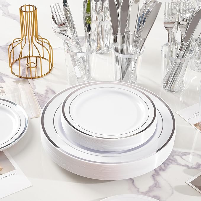 Fijinhom 350 Pieces Silver Disposable Plates for 50 Guests, Disposable Plastic Plates for Party, Wedding, Dinnerware Set of 50 Dinner Plate, 50 Salad Plate,50 Cups and 50 Paper Napkins, Silver