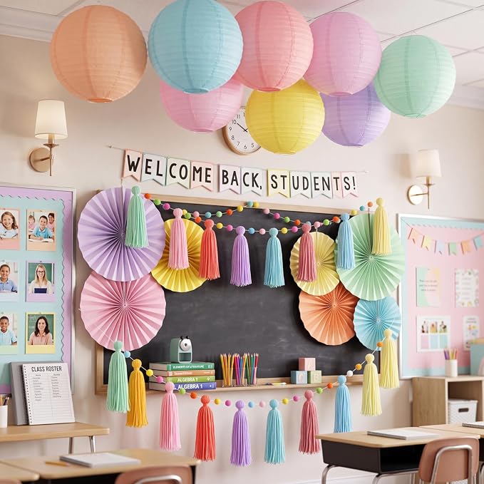 Feifeiya 20 Pcs Pastel Party Decorations for Classroom include 9 Hanging Paper Lanterns 9 Paper Fans 2 Pastel Rainbow Tassel Garland for Classroom Home Decor Birthday Baby Shower Wedding Supplies