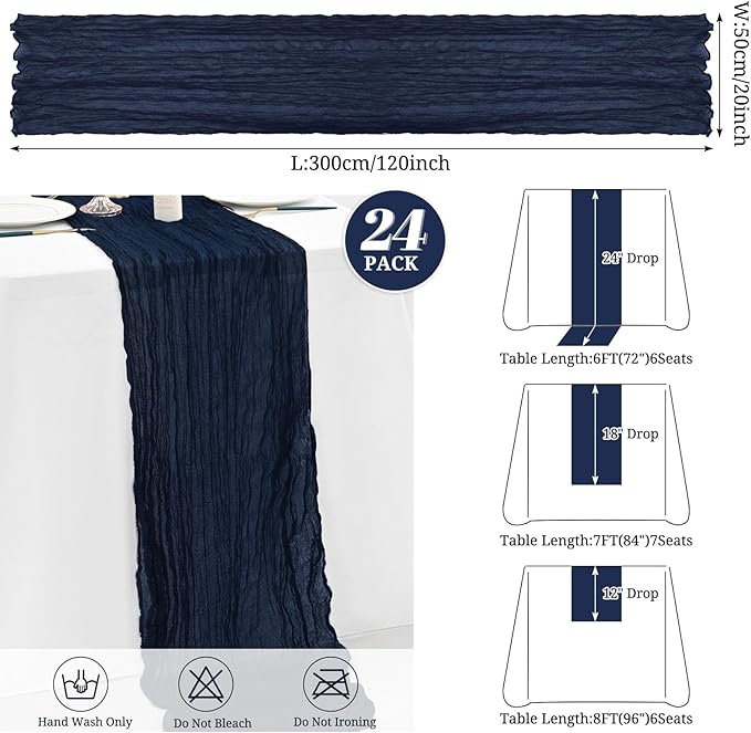 24 Pack Navy Blue Cheesecloth Table Runner,10FT Gauze Boho Long Cheesecloth Table Runners 20x120inch Rustic Cheese Cloth Table Runner for Wedding Party Bridal Shower,Table Decorations