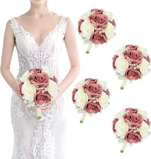 Bridesmaids Bouquets Flowers Set of 4 -Artificial Bridesmaid Bouquet Wedding 7 Inch Rustic Small Floral Centerpiece for Marriage Proposal Party Anniversary Dining Table Decor - Dusty Rose Pink
