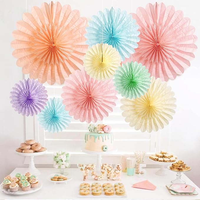 Paper Jazz 9pcs Spring Pastel Paper Fans Party Decoration,Paper Flowers Wall Decoration, Rainbow Birthday Party Decorations Tissue Pom Poms for Birthday Wedding Baby Shower Classroom.