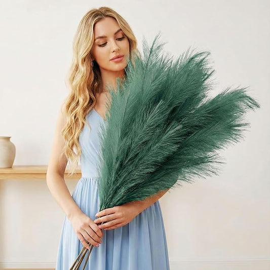 3 x Emerald Green Pampas Grass Stems, Large Feathers Decor Tall for Boho Accent Living Room Bedroom Hallway, Forest Emerald Green House Decor, Plumas para Decoraciones