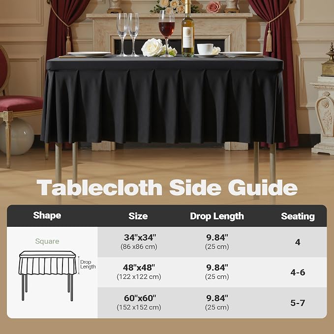 Shillance 34x34 Inch Black Spandex Square Tablecloth 4 Pack,Wrinkle Free Black Fitted Table Cloth for Square Tables,Washable Pleated Table Cover for Wedding Birthday Cocktail Party Buffet Dinner