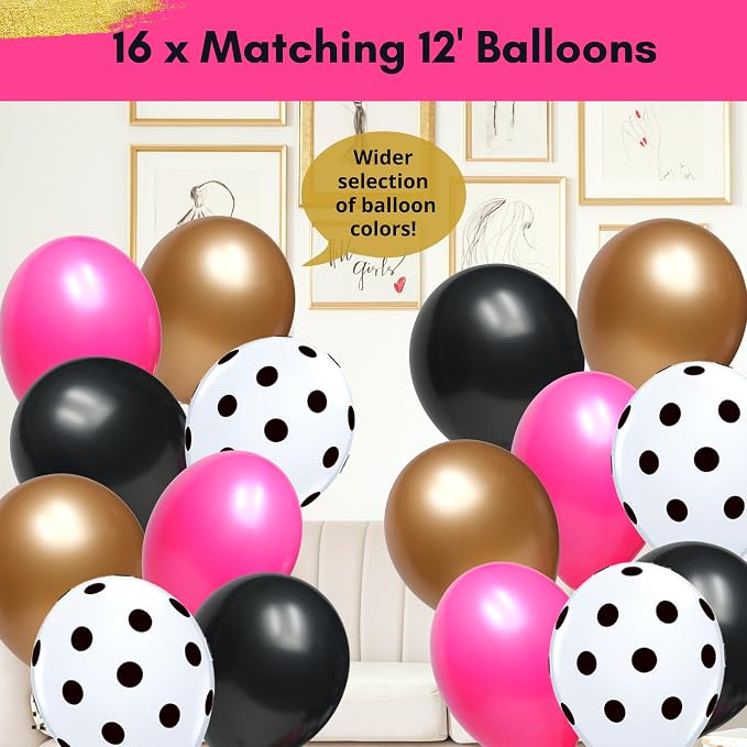 RainMeadow Pink Birthday Decorations for Women, Hot Pink and Black Party Decorations Kit, Happy Birthday Banner, Balloons, Paper Fans, Cake Topper, Sash, Pre-Strung for Girls & 40th 50th Milestones