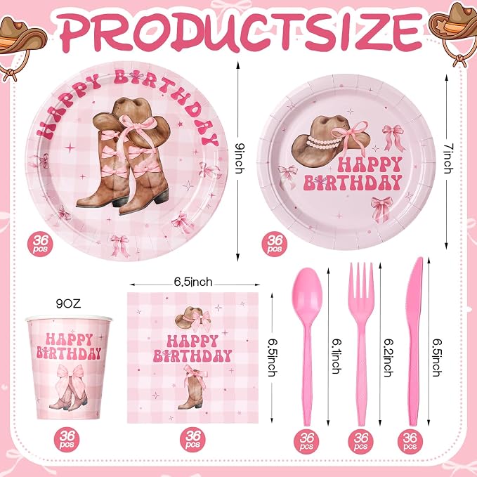Yungyan 252 Pcs Pink Bow Cowgirl Birthday Party Tableware Set Included Plates Napkins Cups Forks Knives Cutlery for Party Decorations Supplies 36 Guests