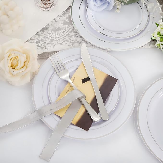 GATHER 700PCS Silver Plastic Plates - Silver Disposable Dinnerware Sets 100 Guest Include 200 Plates, 300 Silverware, 100 Napkins, 100 Cups For Wedding & Party