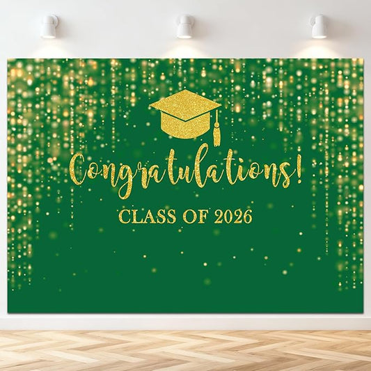 Mocsicka Class of 2026 Backdrop Green Gold Glitter Bokeh Graduation Party Background 2026 Congrats Grad Prom Party Cake Table Decoration Photo Booth Props (7x5ft)