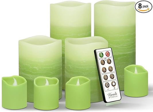 FURORA LIGHTING Green Ombre Flameless Candles - Real Wax, Adjustable Brightness, Remote & Timer - 4 Pillars (3x4, 3x6) and 4 Votives, 8-Pack, Battery Operated