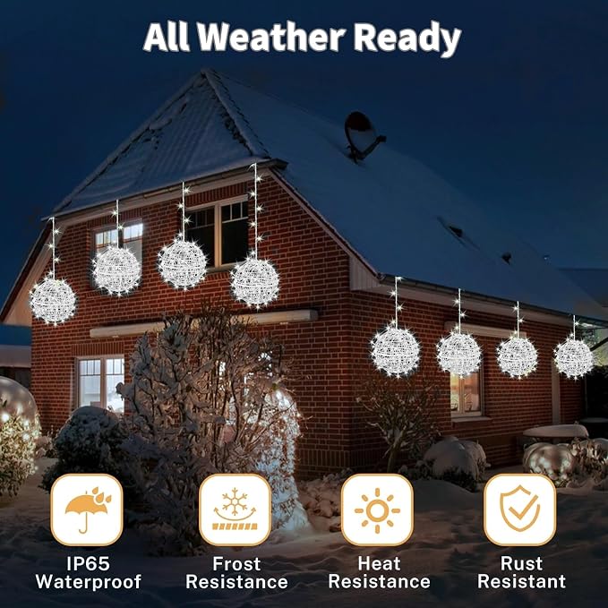 SenLuKit Outdoor Christmas Balls 4 Pack Hanging 11.8" LED Garden Sphere Tree Lights 8 Modes Waterproof String with Memory Timer Plug for Party Yard Porch Eave Patio Home Decoration-Cool White