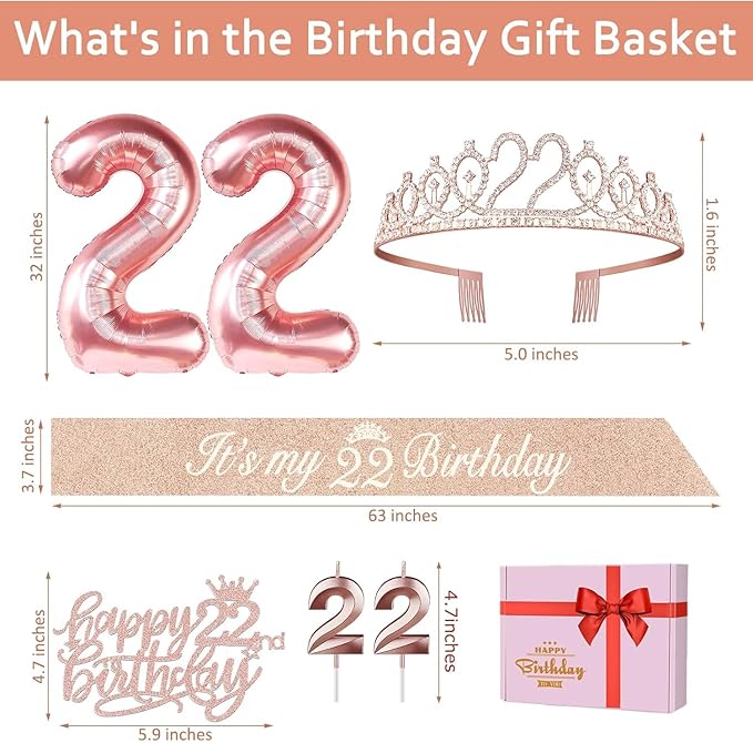 22nd Birthday Decorations for Women, Include 22nd Birthday Sash and Tiara, Cake Topper and Candles, Number Balloons, 22 Year Old Gifts for Her