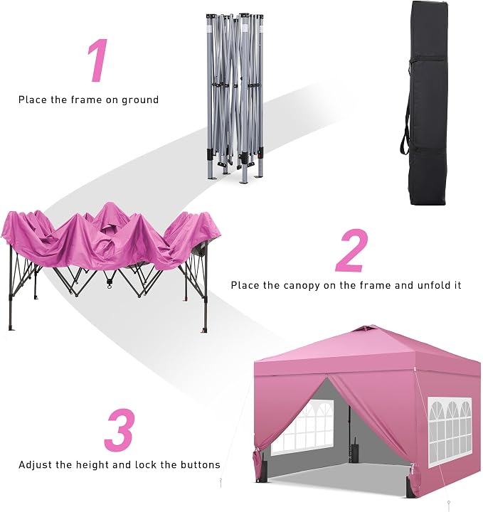 GDY 10x10 Pop Up Canopy Tent with 4 Sidewalls, Easy Set up, Outdoor Silver Coated Beach Gazebos, Carpas with 4 Sandbags, for Outdoor, Parties,Camping, Pink.