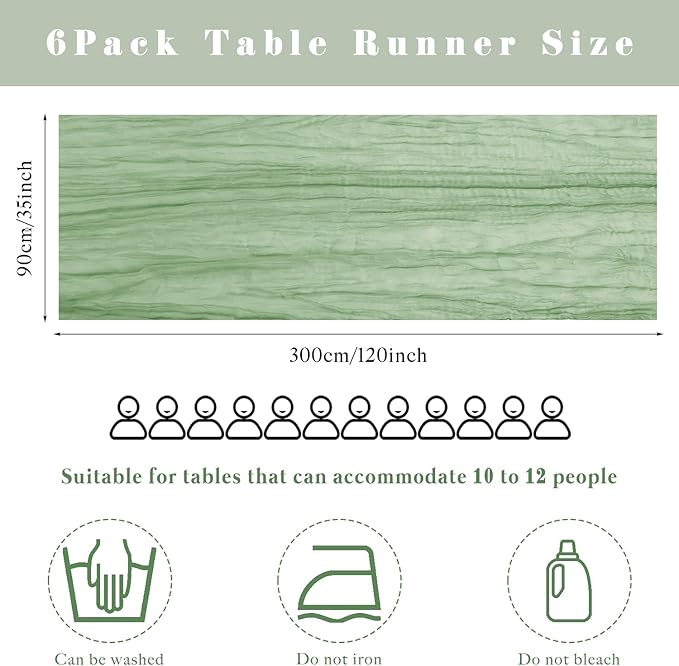 6 Pcs Sage Green Cheesecloth Table Runner 10FT Runner for Tables 35 x 120 Inches Long Gauze Boho Fabric Table Runner Decoration Rustic Sheer Runner for Wedding Birthday Baby Shower Party (Sage Green)