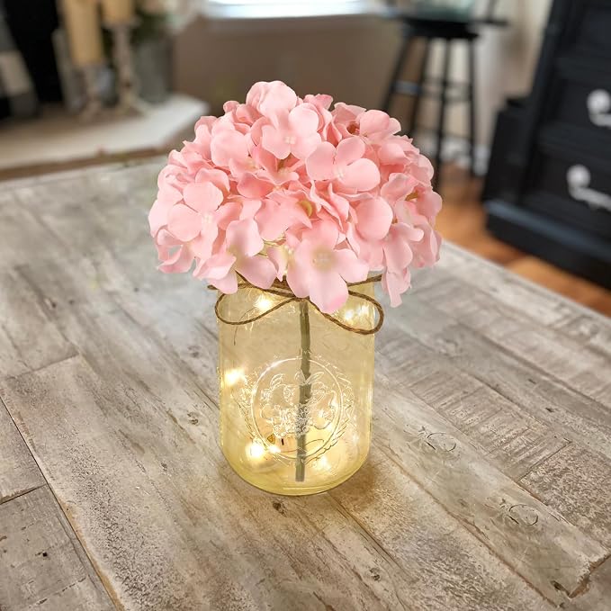 Set of 3 Mason Jar with Lights Blush Hydrangea Decorative Jars Flower Vase Farmhouse Table Centerpiece for Home Wedding Event Party Decor