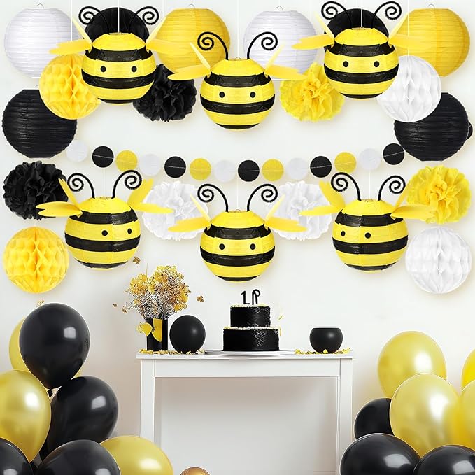 25 Pcs Honey Bee Party Decorations Include 6 Paper Fans Lantern 6 Tissue Honeycomb Ball 6 Paper Pom Poms 6 Bee Hanging Decor Circle Dot Garland for Baby Shower Birthday, Black Yellow White