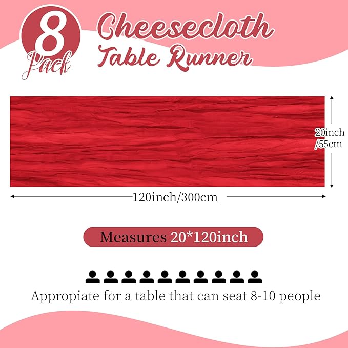 8 Pack Red Cheesecloth Table Runners 20x120 Inch Gauze Table Runner 10FT Easter Cheese Cloth Table Runner Rustic Sheer Runner for Wedding Baby Shower Birthday Party Table Decor