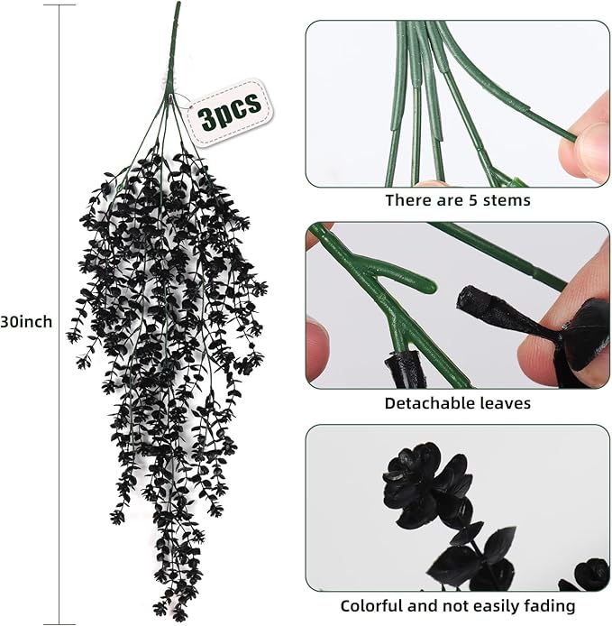 RECUTMS Black Hanging Flowers Faux Hanging Plants Black Artificial Hanging Plant Fake Greenery Faux UV Resistant Hanging Vines Plant for Indoor Outdoor Wedding Halloween Party Fall Wall Decor 3 Packs