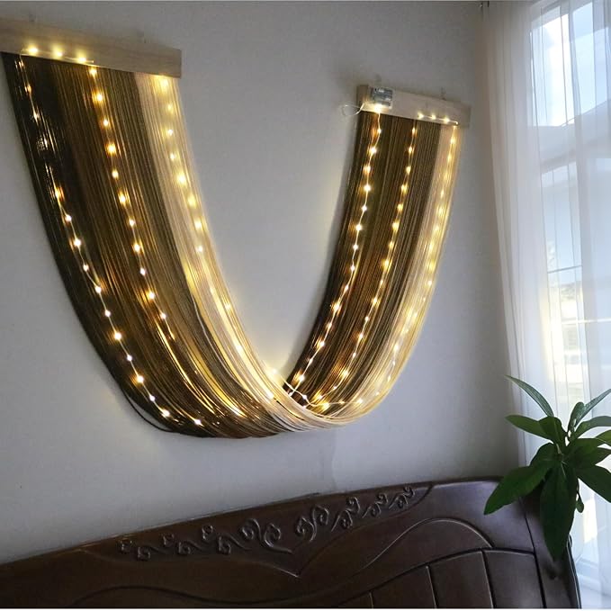 Macrame Fairy Lights Battery Operated with Remote & Timer, Brown Gradient | Handwoven Wall Hanging with 20ft 100 LEDs Warm White Timer String Lights for Bedroom,Living Room,Party,Wedding,Christmas Deco