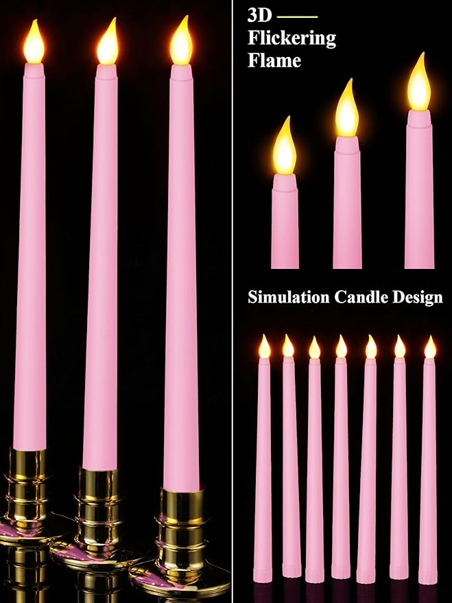 Funtery 48 Pcs Flameless LED Taper Candles Battery Operated Candles Bulk Realistic LED Candlesticks Flickering for Wedding Church Party Home Decor(Pink,11 Inch,Classic Style)