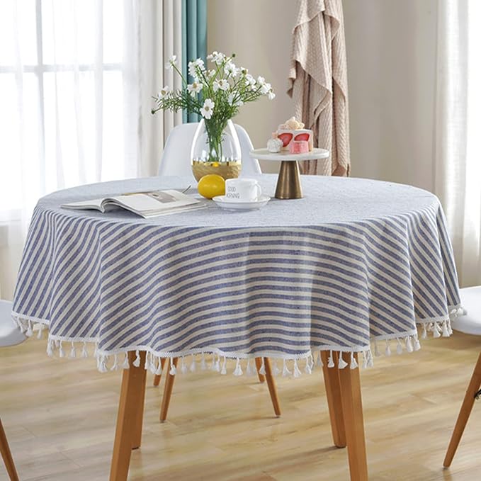 meioro Round Tablecloth Stripe Tassel Table Cloth Cotton Blend Dust-Proof Cover for Dining Circle Coffee Side End Card Tables, Parties Holiday Indoor Outdoor Use (Blue/White Stripes, 39 Inch)