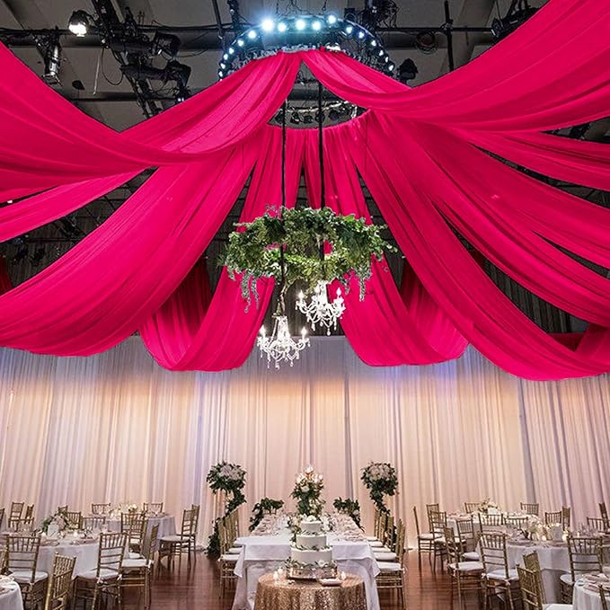 FOTSHARER Hot Pink Ceiling Drapes for Weddings Sheer Ceiling Curtains 4 Panels 5x20FT Chiffon Fabric Fuchsia Draping Fabric for Wedding Arch Tulle Backdorp for Drapes Curtains Satge Reception Decor