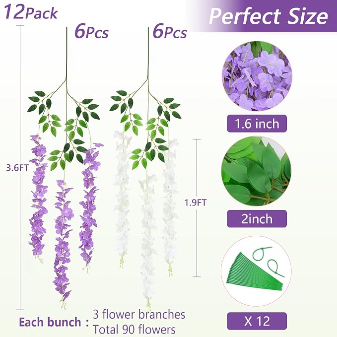 12Pcs Artificial Wisteria Hanging Flowers, 3.6Ft/Pcs White & Purple Fake Wisteria Garland for Wedding Party Home Garden Indoor Outdoor Decoration