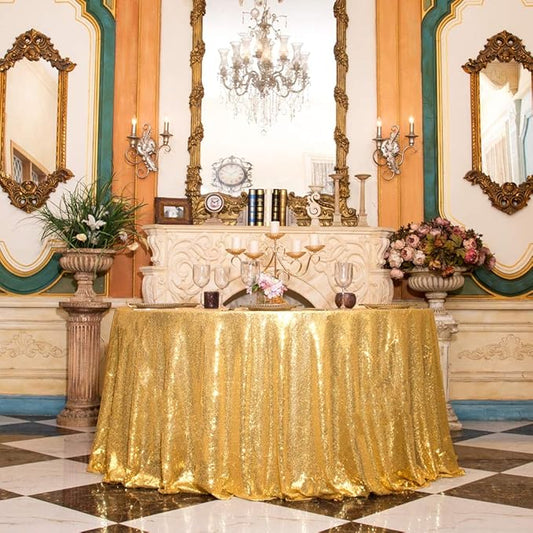 Juya Delight 90'' Round Gold Sequin Tablecloth for Wedding Birthday Party Festival Ceremony Dessert Table