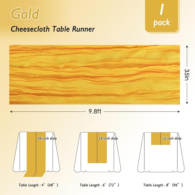 8 Pack Gold Cheesecloth Table Runner 120 Inch 10FT Gauze Cheese Cloth for Spring Home Decor, Birthday, Banquet, Wedding Decoration