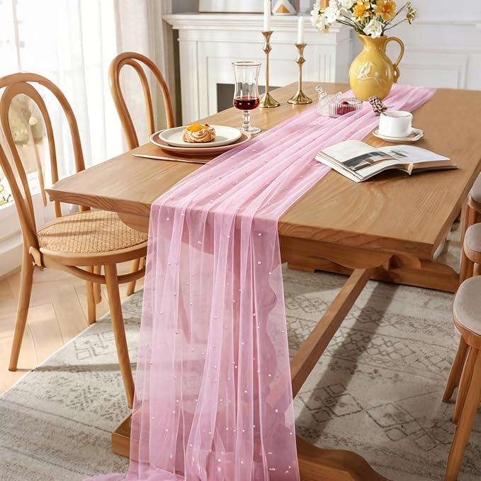 BINBE 6pcs Pearl Table Runner Spring Summer Rustic Boho 10ft Tulle Table Runner for Baby Shower Wedding Veil Holiday Dessert Table Decor Pink