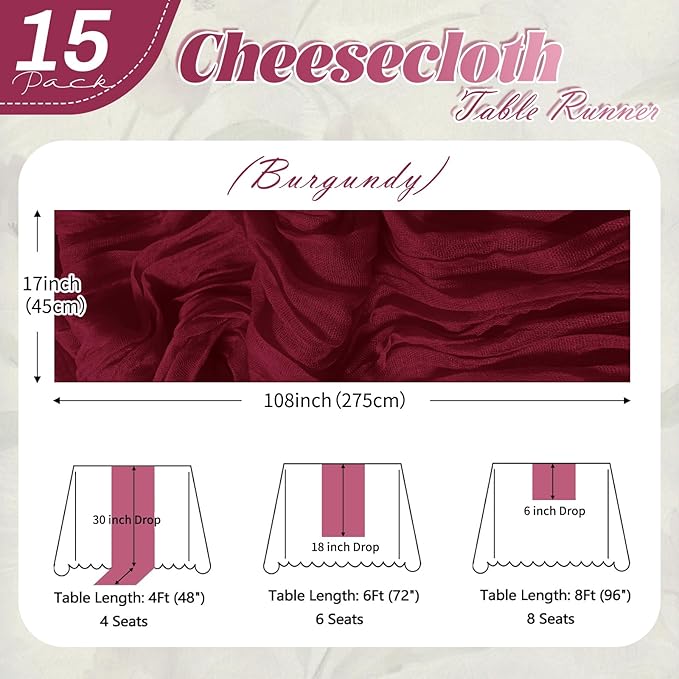 15 Pack Burgundy Cheesecloth Table Runner 17 x 108 inch Cheese Cloth Table Runners 9ft Burgundy Table Runner Rustic Romantic Sheer Gauze Runner for Wedding Party Baby Shower Table Decoration