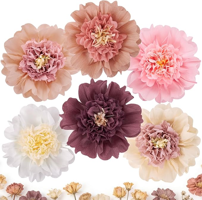 SUNBEAUTY 6 Pcs Large Boho Tissue Paper Flowers 12'' Giant Crepe Paper Flowers Decorations for Birthday Mexican Fiesta Spring Wedding Flower Backdrop Baby Bridal Shower Carnival Party Wall Decor