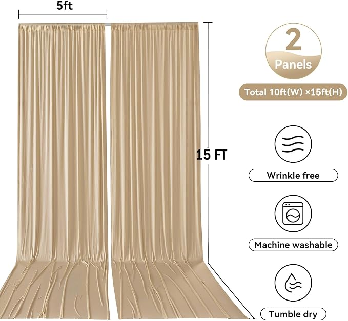 10ftx15ft Champagne Backdrop Curtains for Parties, Wrinkle Free Polyester Photo Backdrop Drapes 2 Panels 15 ft Long Back Drop Cloth for Wedding Birthday Photography Background Party