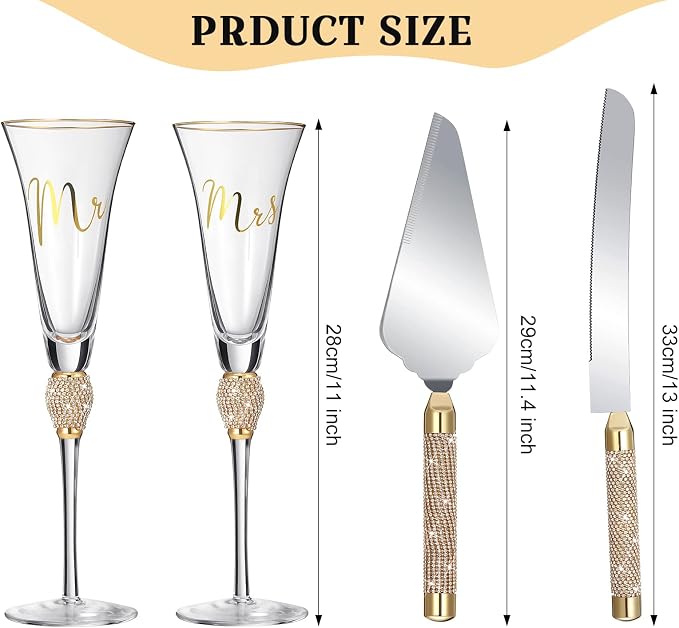 Boao 4 Piece Mr and Mrs Champagne Flutes and Cake Knife Server Set Crystal Wedding Toasting Flutes Rhinestone Cake Cutting Set for Bride and Groom Wedding Engagement Bridal Shower Gifts(Gold)