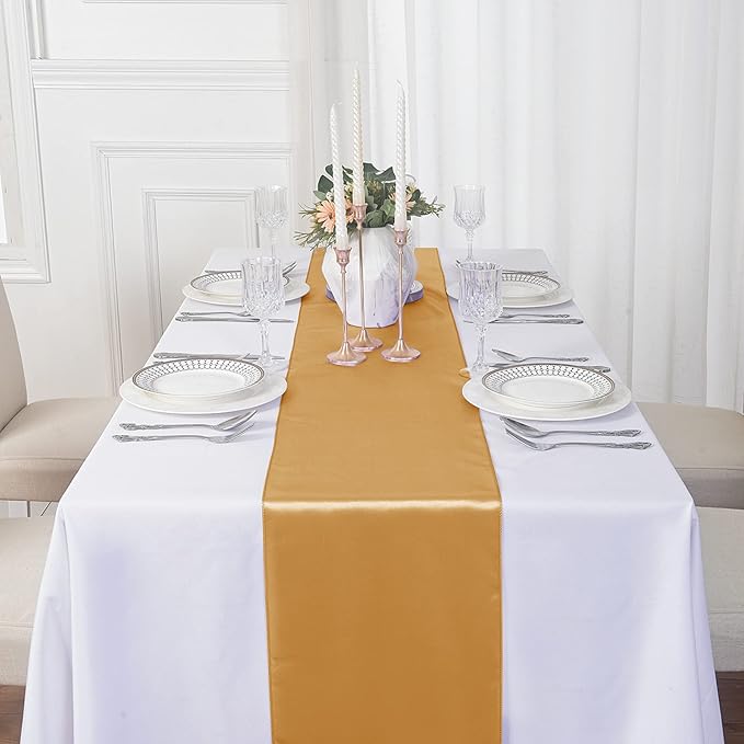 12Pack Table Runner 12 x 108 Inches Satin Silk Table Runner for Wedding, Birthday Party, Banquets, Graduations Decoration, fit Rectange and Round Table-Gold
