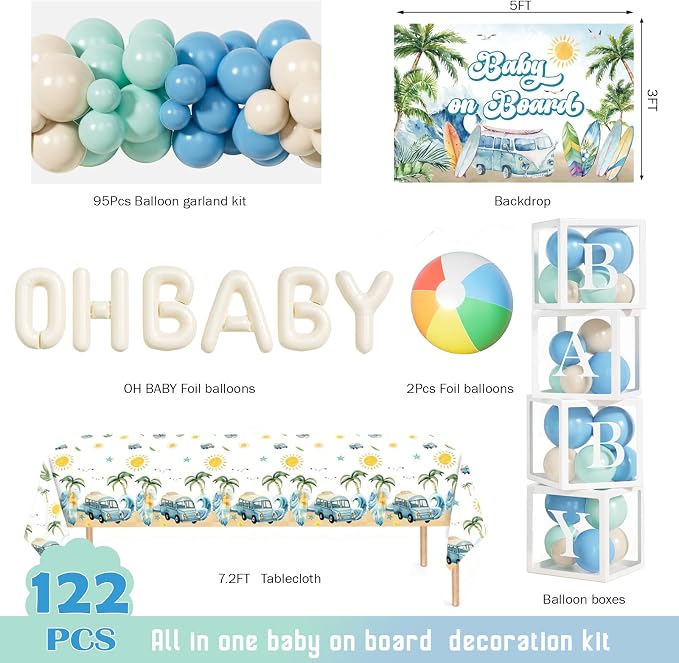 Party Inspo Baby on Board Baby Shower Decorations - 122Pcs Surf Theme Party Supplies for Boys with Backdrop, Tablecloth, Balloon Boxes and Ocean Blue Garland Kit