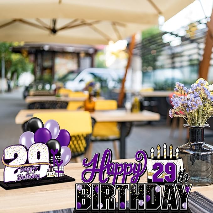 LINGTEER Happy 29th Birthday Purple Acrylic Table Topper Centerpieces Set - Cheers to 29 Years Old Birthday 29th Bday Party Gift Decorations.