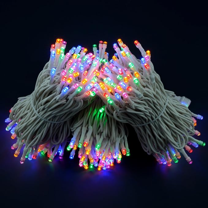 YULETIME 300 Multicolor String Lights, 100 ft 8 Models White Wire 5mm LED | Wide Angle Bulbs, Safe 29V Adapter, Multimode Lighting, Connectable, 100' Total Length, 1-Strand 300 Lights, 4" Spacing