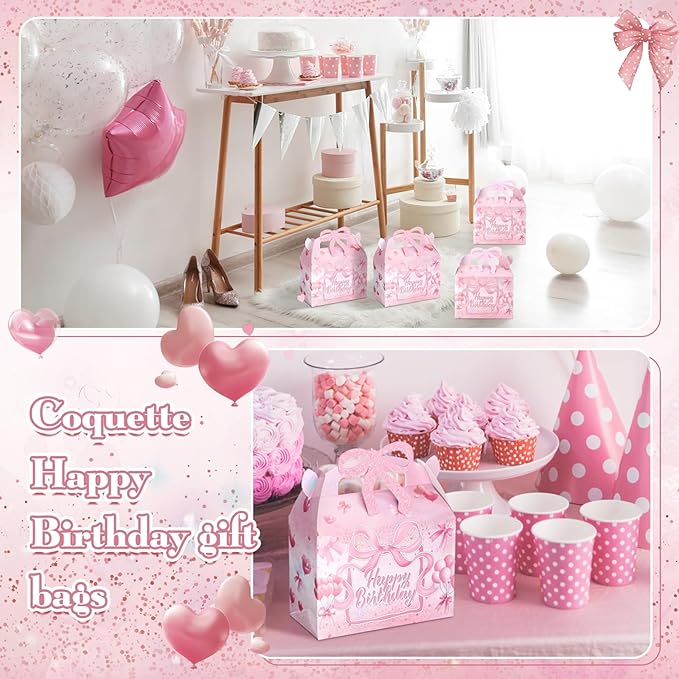 24 Pcs Pink Bow Birthday Gift Boxes with Handle, Coquette Cajas Para Dulces De Cumpleaños, Foldable Candy Treat Bags Party Favors for Girls Birthday Goodie Bags Baby Shower Bachelorette Decorations