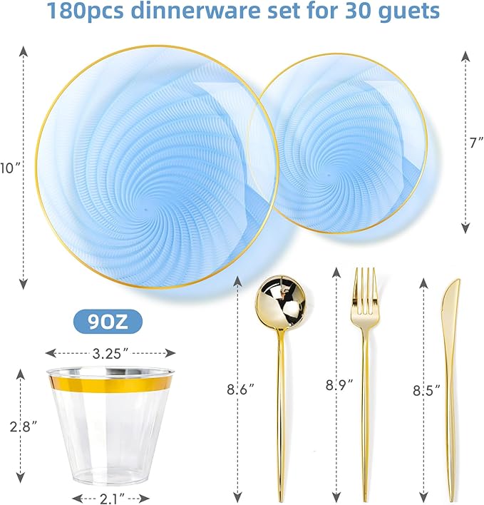 N9R 180 PCS Disposable Dinnerware Set with Gold Rim Blue Plastic Plates for 30 Guests, Include 30 Dinner Plates, 30 Dessert Plates, 30 Cups, 90 Heavy Duty Gold Plastic Silverware for Party & Wedding