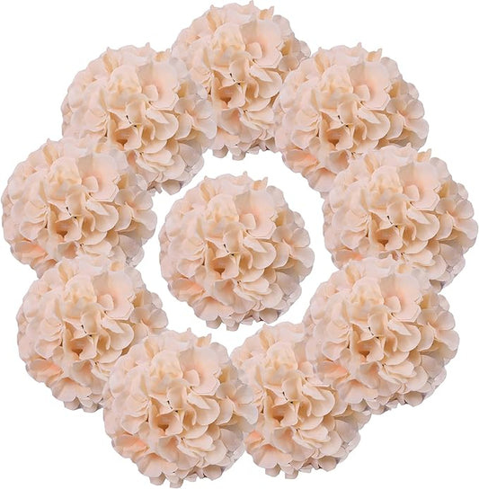 AVIVIHO 10pcs Fake Flowers Champagne Hydrangea Artificial Flowers Bulk (Not Squished, No Steaming Need) Silk Flowers with Stems for Wedding Decor,Home,Baby Shower,Table Centerpieces Decoration
