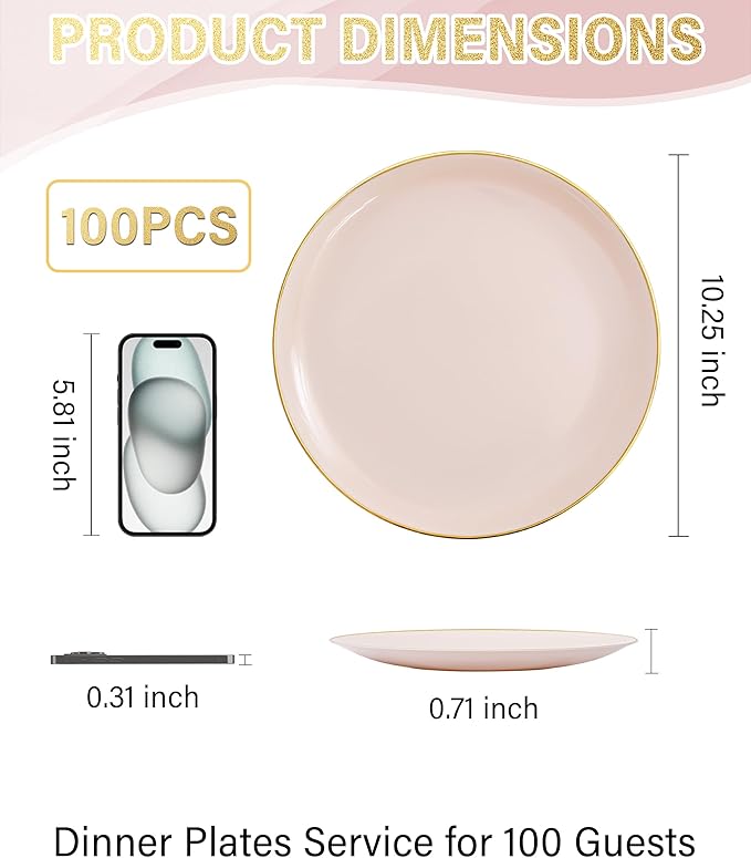Nervure 100PCS Pink and Gold Plastic Plates - 10.25 inch Pink Disposable Plates with Gold Rim - Party Plate - Dinner Plate Ideal for Wedding & Party & Mothers Day