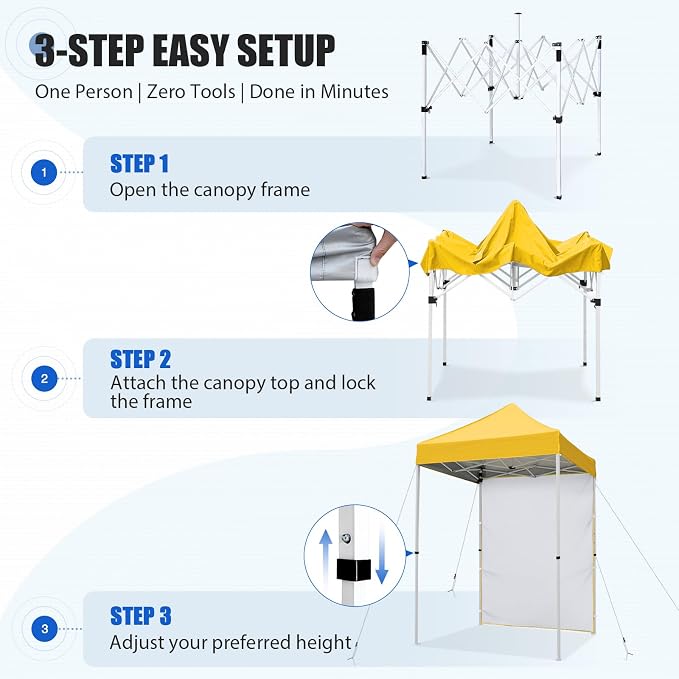 EAGLE PEAK Pop up Canopy 5x5, Outdoor Portable Canopy Tent with One Removable Sunwall, Carry Bag Included, Yellow