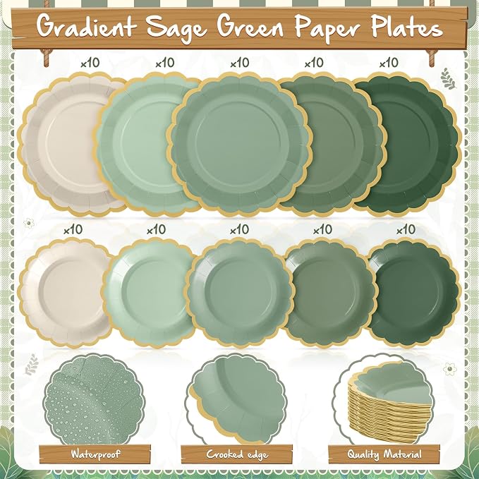 Zhehao 150 Pcs Sage Green Plates and Napkins Tableware Serves 50 Includes 9 Inch 7 Inch Green Scalloped Edges Paper Plate and Napkins for Wedding Birthday Baby Shower Party