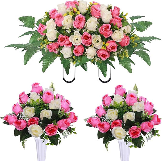 Artificial Cemetery Flower Saddles, Cemetery Memorial Flowers with Vase,Outdoor Grave Saddle Headstone Decorations, Artificial Rose Bouquet Grave Memorial Flowers (Pink White)