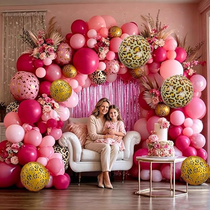 Hot Pink Balloon Arch Kit, Double Stuffed Dark Light Pink Magenta Gold Cheetah Print Balloons Fringe Curtain for Birthday Baby Shower Mother's Day Bridal Wedding Safari Jungle Wild Party Decorations
