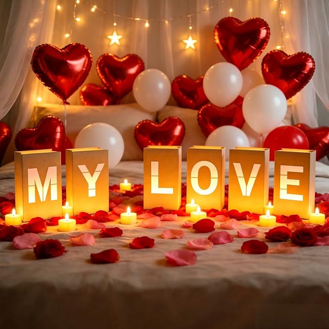 MY LOVE Light Up Letters, with Tea Lights Candles, Rose Petals, Pearlescent Foil Balloons - Luminary Paper Bags, Anniversary Decorations and Valentines' Day Decorations for Your Loved One