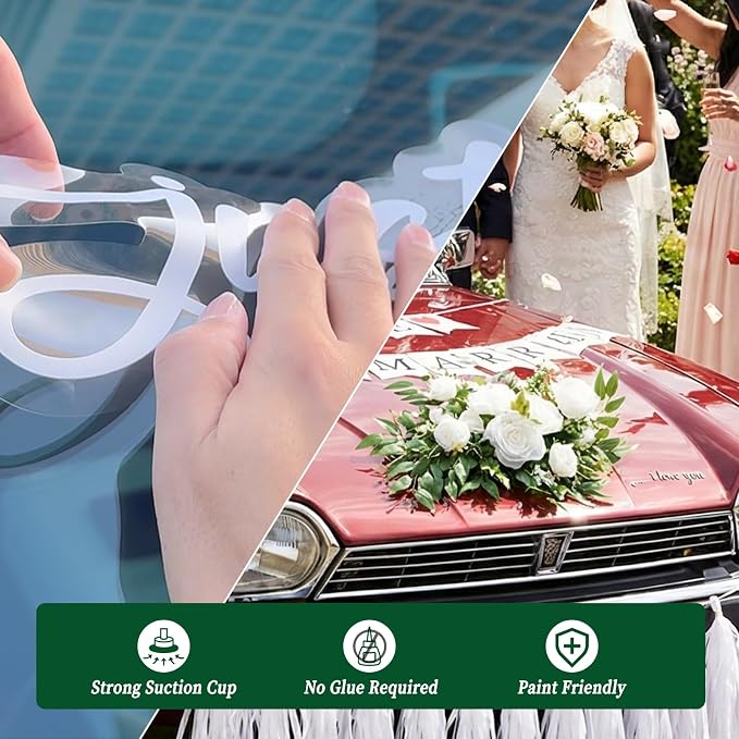 10 Pcs Upgraded Just Married Car Decoration Kit – Elegant Flower Garland Wedding Car Decor with Banners, Tassel & Sticker, Mr & Mrs Balloons, Romantic Accessories for Ceremony, Party & Bridal Shower